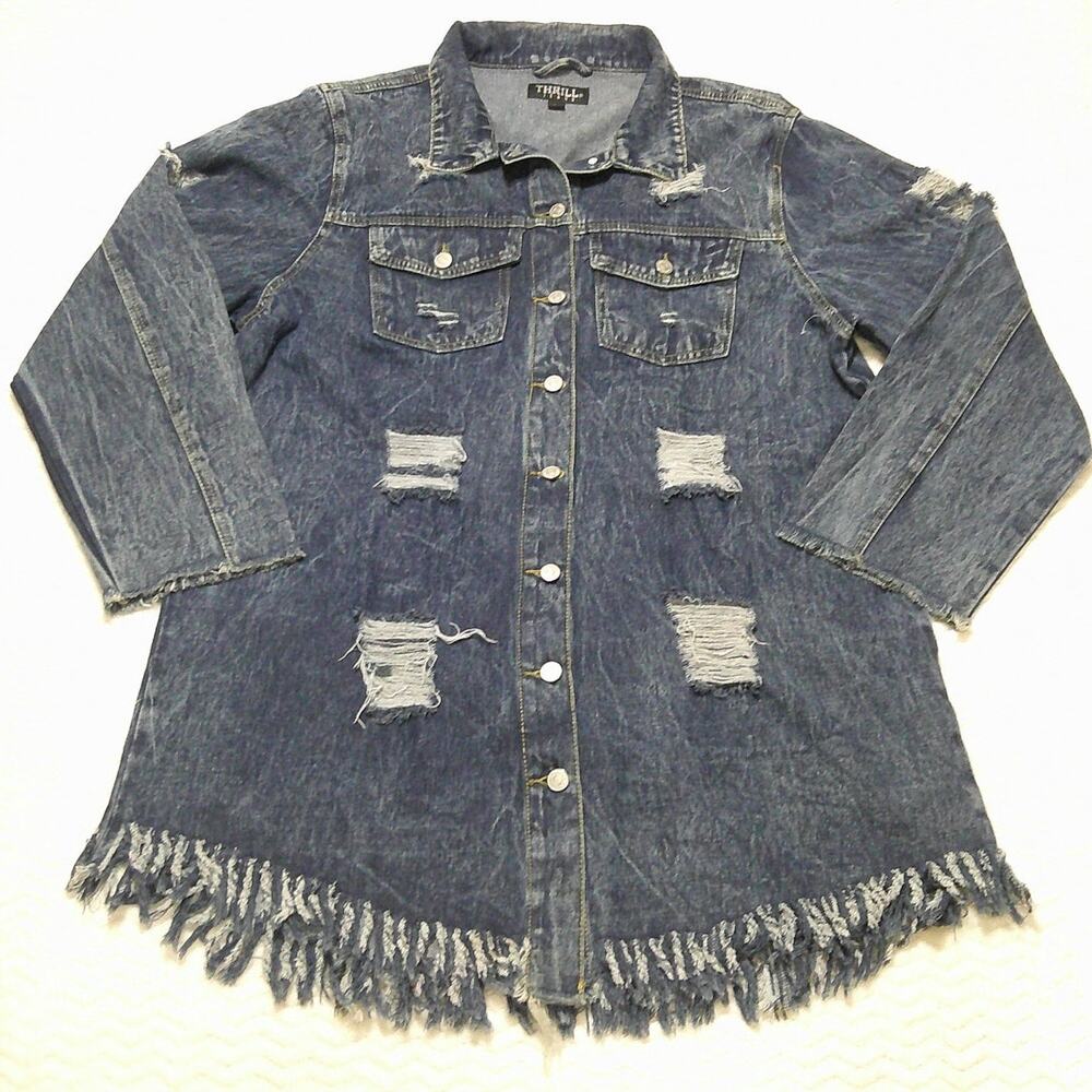 Thrill Distressed Button Up Denim Jacket Woman's 3X Frayed Hem Fun Print